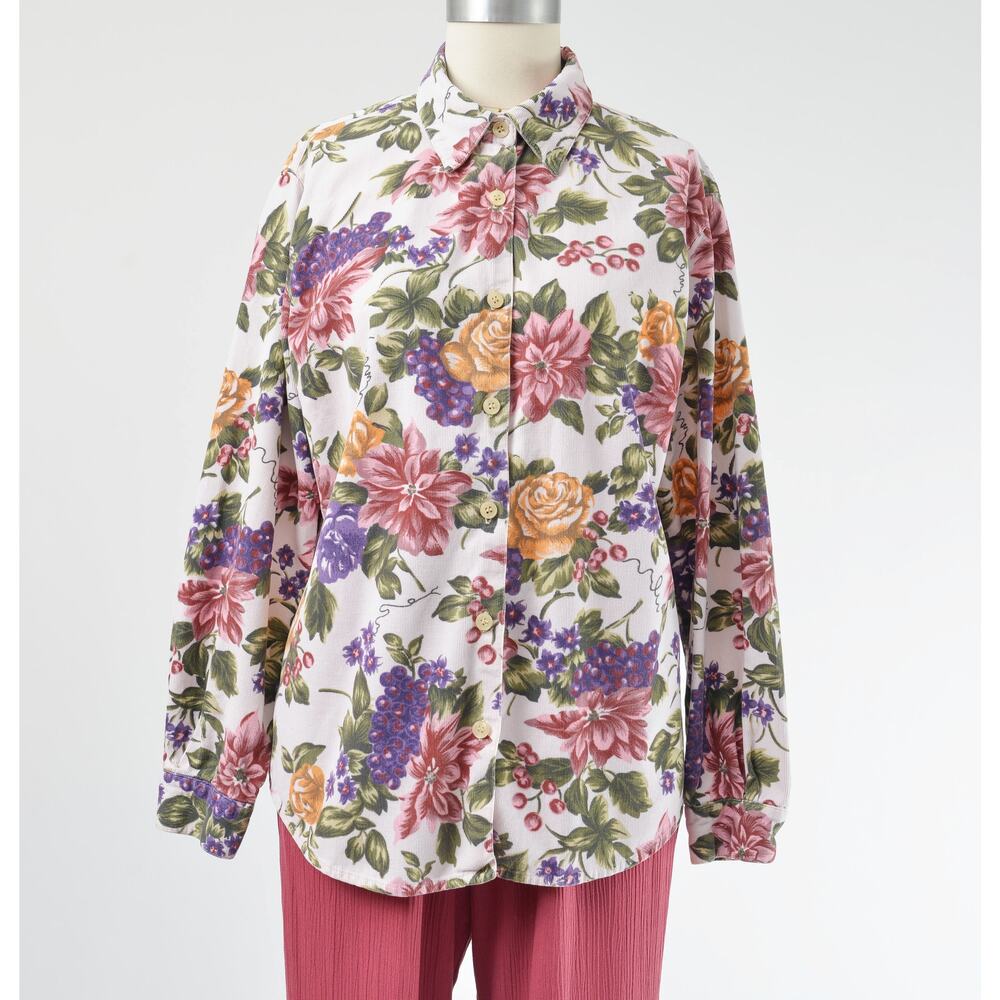 Vintage 90s Floral Grape Vine Print Shirt Cotton Corduroy Collared Blouse M - Picture 4 of 8